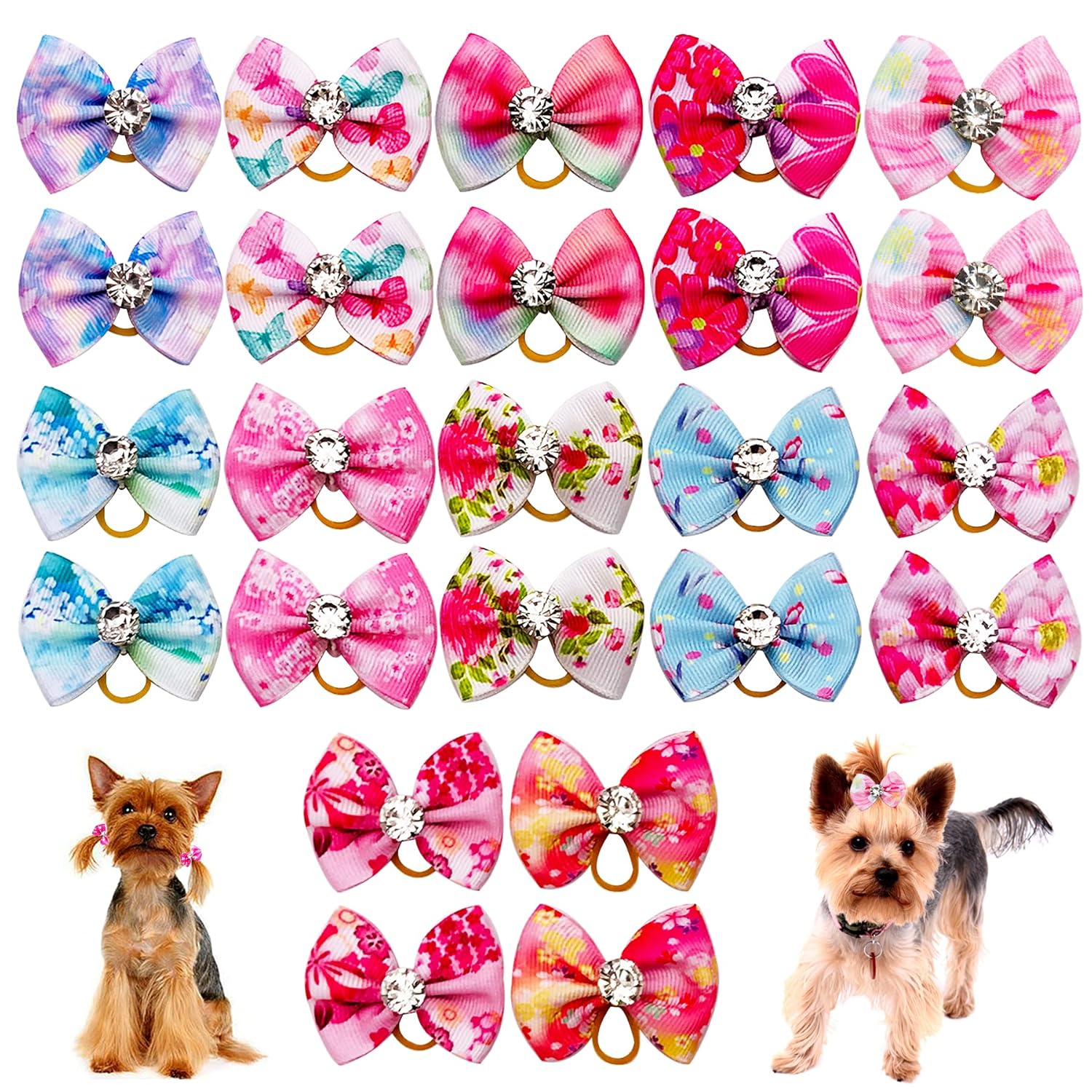 JpGdn 24PCS Small Dog Hair Bows with Rubber Bands Rhinestone Grooming Accessories for Puppies Cats and Bunnies