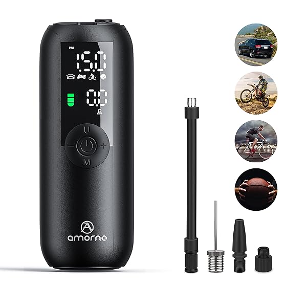 AMORNO AMORNO Mini Air Compressor: 150 PSI Electric Tire Pump for Cars, Bikes & Inflatables with LCD Screen & LED Lights