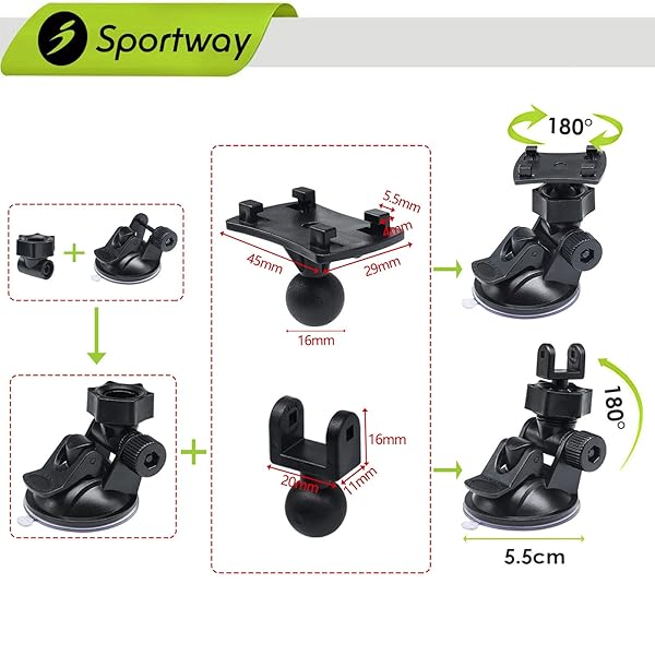 Sportway Sportway S40 Dash Cam Suction Mount (3rd Gen) with10pcs 360 Rotating Joints Compatible for Rexing, Old Shark, Yi, TOGUARD, Compark, Kingslim, Crosstour and Most Dash Cameras, DVR, GPS - View 4 of 10