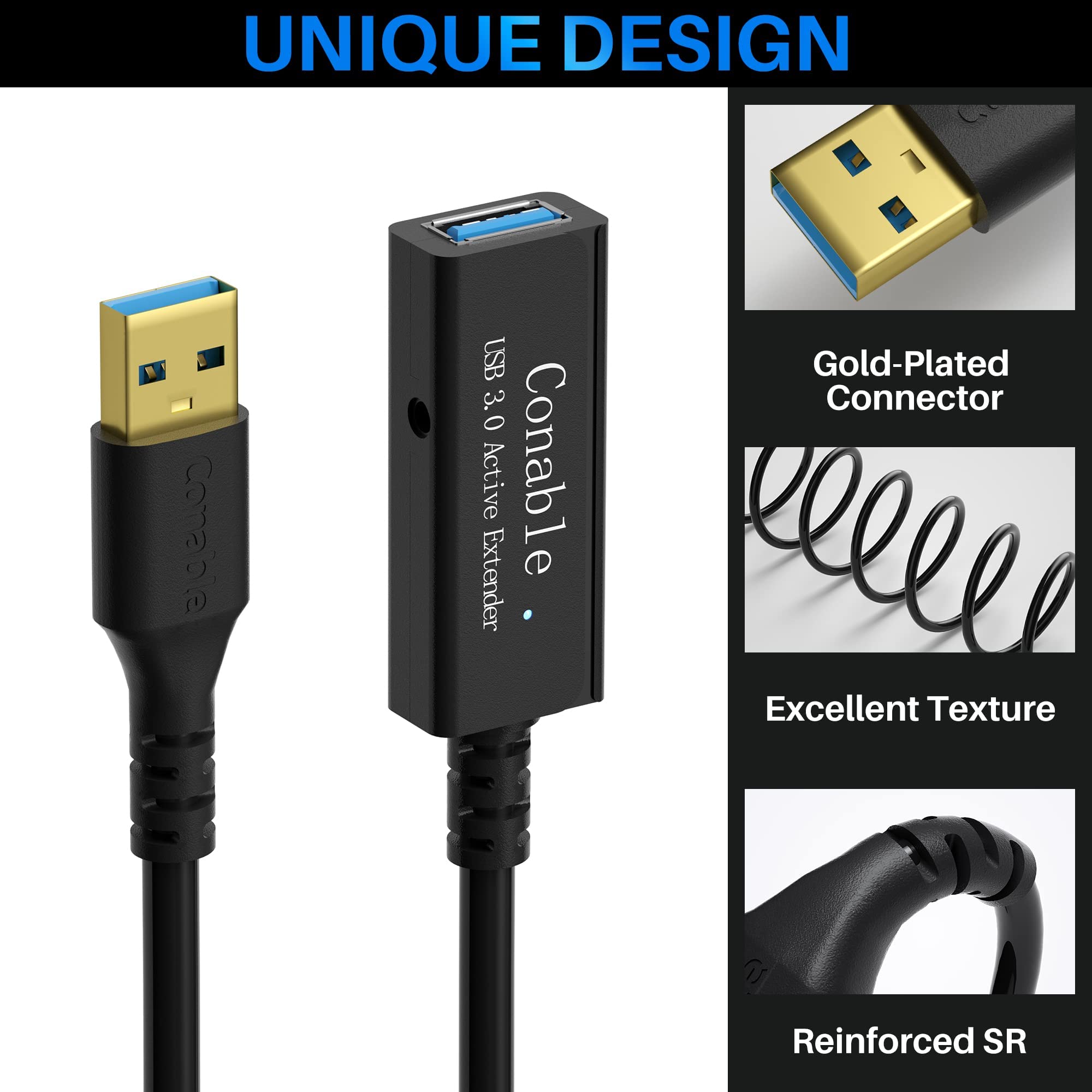 Conable USB 3.0 Active Extension Cable 50 Feet Long Type A Male to Female with Signal Boosters 5Gbps Transfer and AC Power Adapter Black - View 2 of 7