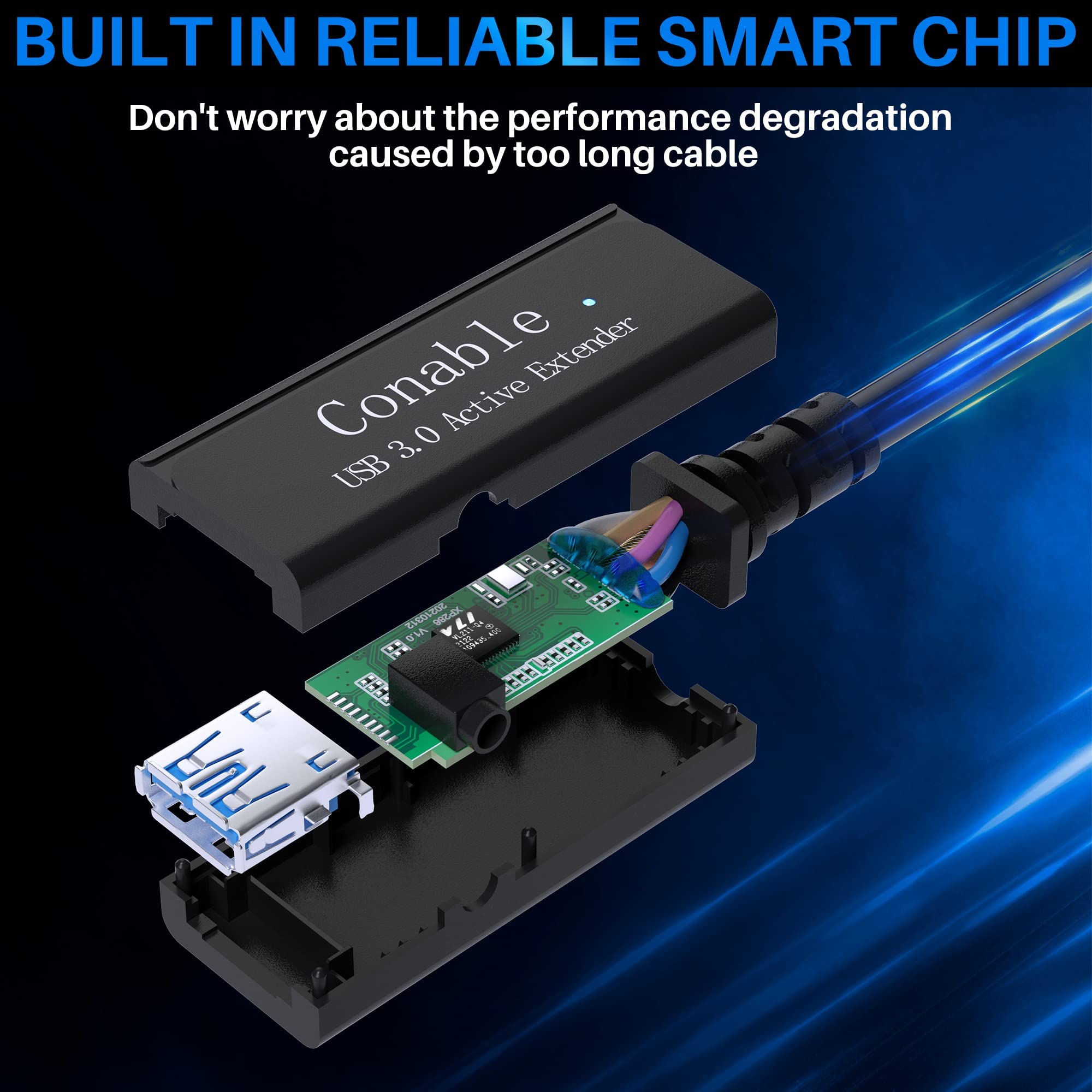 Conable USB 3.0 Active Extension Cable 50 Feet Long Type A Male to Female with Signal Boosters 5Gbps Transfer and AC Power Adapter Black - View 3 of 7