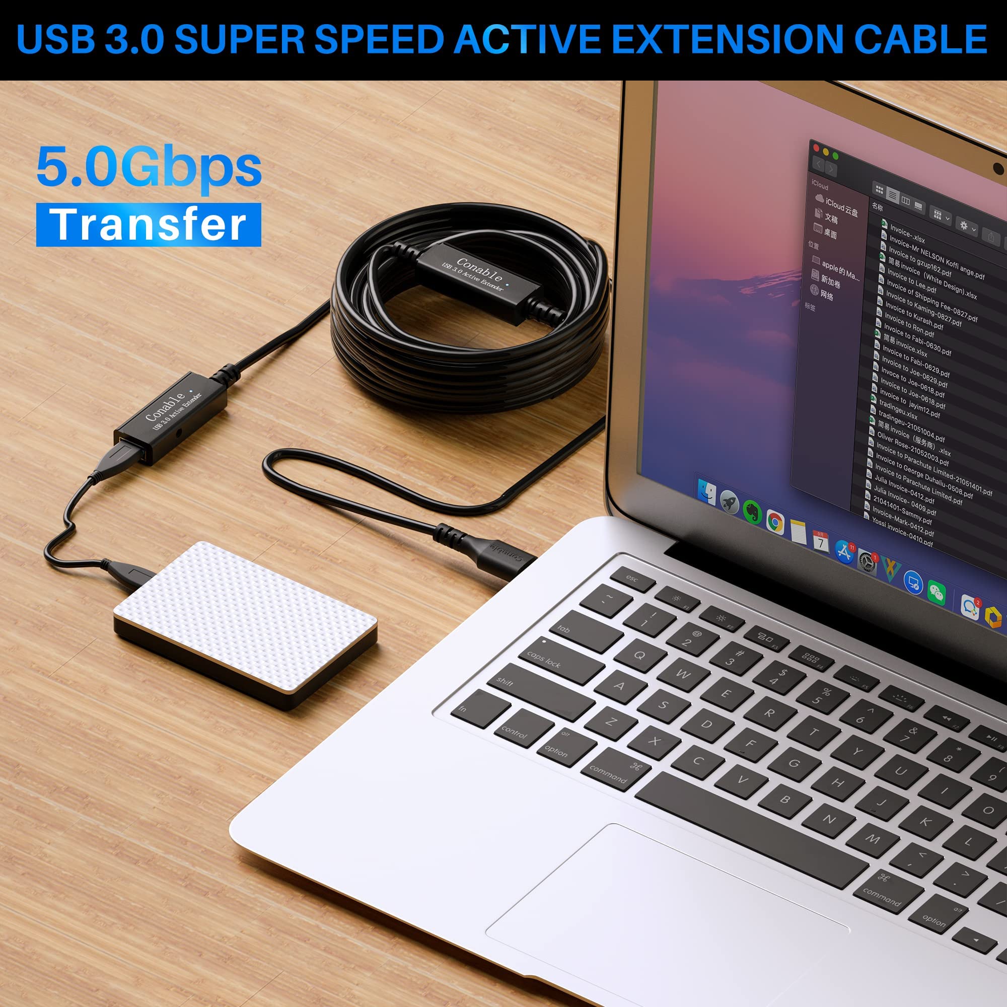 Conable USB 3.0 Active Extension Cable 50 Feet Long Type A Male to Female with Signal Boosters 5Gbps Transfer and AC Power Adapter Black - View 5 of 7