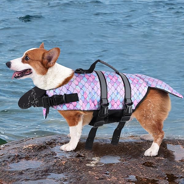 SMONT Dog Life Jacket Adjustable Floatation Vest for Small Medium Large Dogs Reflective Durable Pet Safety Lifesaver for Swimming Beach Boating - View 8 of 10