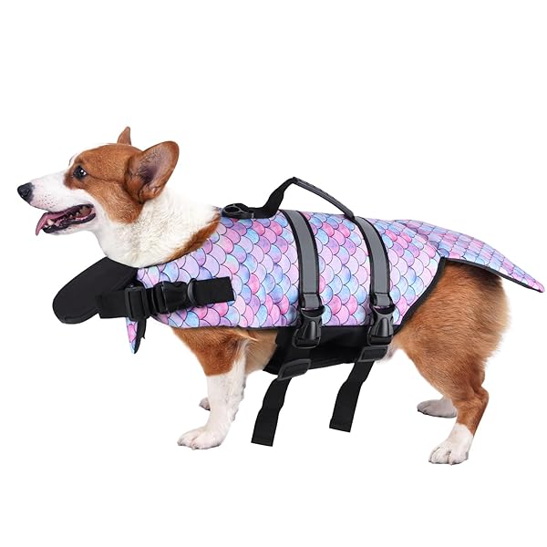 SMONT Dog Life Jacket Adjustable Floatation Vest for Small Medium Large Dogs Reflective Durable Pet Safety Lifesaver for Swimming Beach Boating