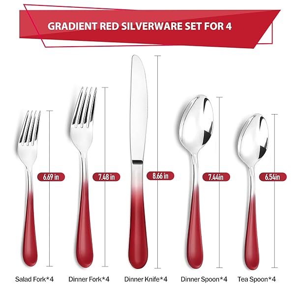 BEGEEL Red Silverware Set for 4 20 Piece Stainless Steel Flatware Mirror Polished Dinnerware Cutlery Reusable Utensil Set Dishwasher Safe - View 3 of 8
