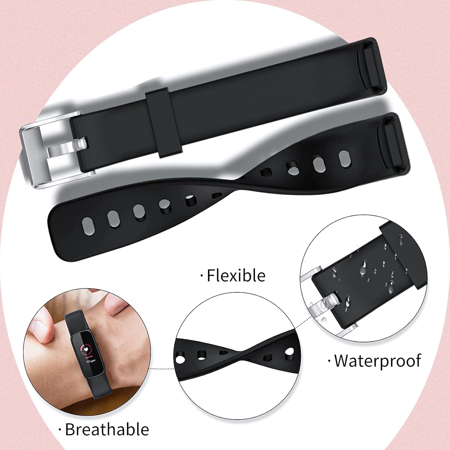 E ECSEM ECSEM Replacement Band for Fitbit Luxe Waterproof Silicone Adjustable Quick Release Sport Wristband in Black Dark Blue Gray White Small - View 2 of 7