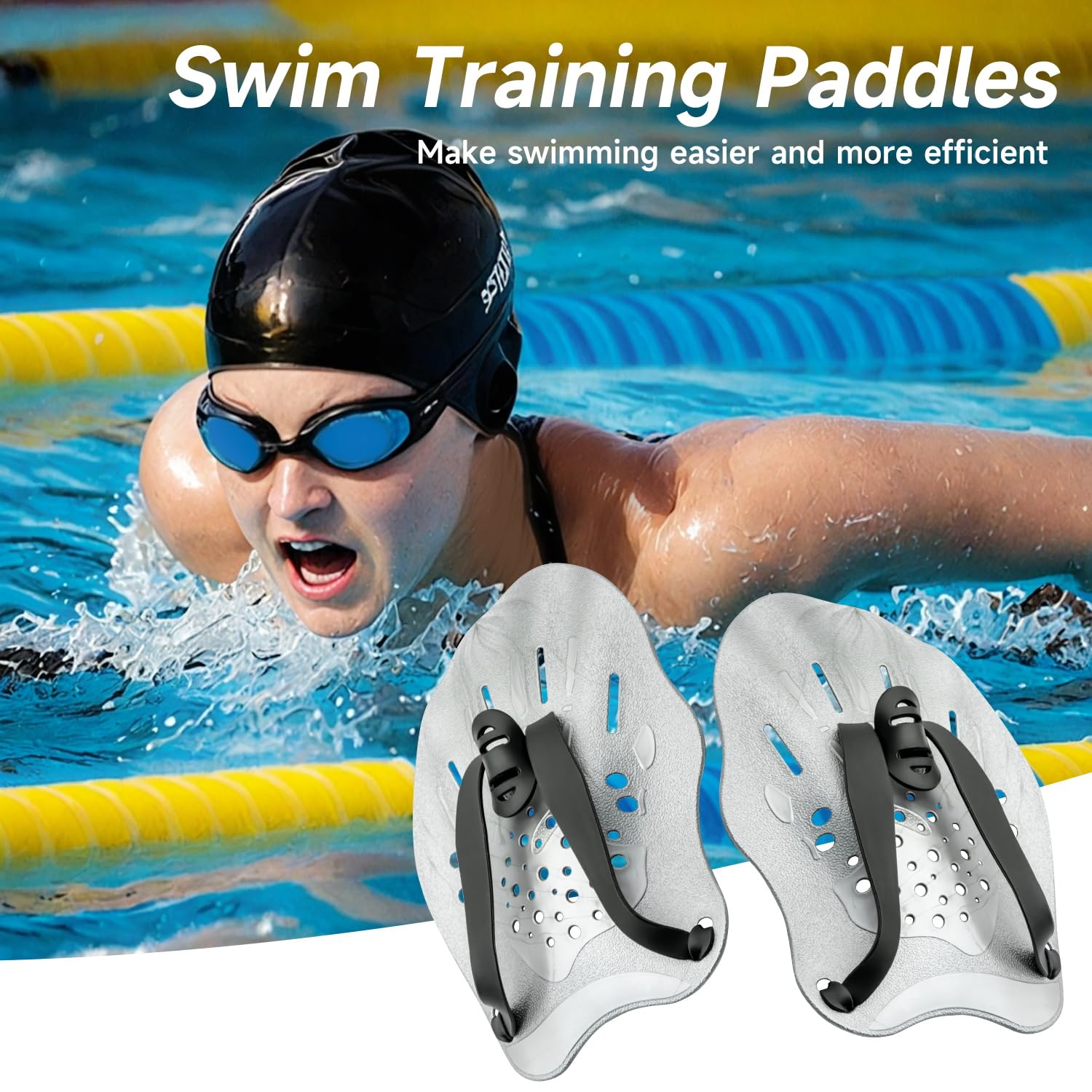 SantTop SantTop Contour Swim Paddles for Training Adjustable Straps Ideal for Men and Women G-Blue High-Blue Normal Size - View 3 of 7