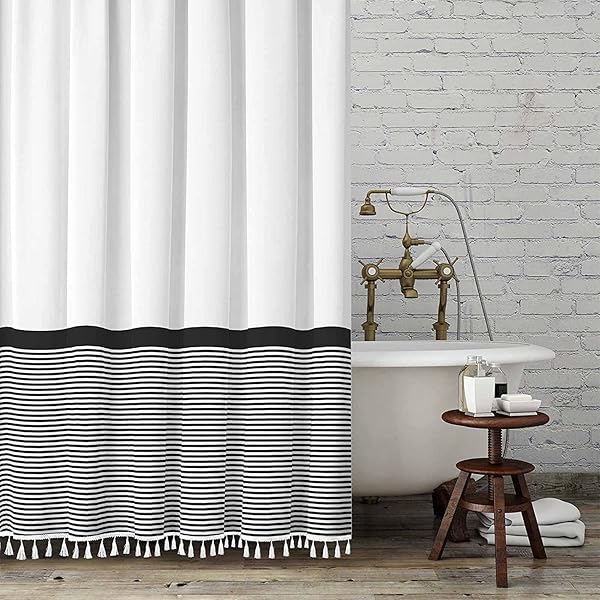 Seasonwood Seasonwood Black & White Striped Shower Curtain with Tassels - 72x72 Heavy Weighted Bathroom Decor