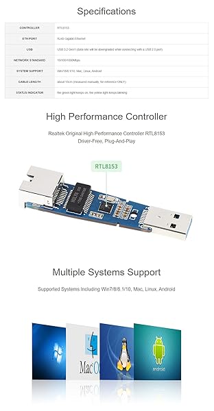 Coolwell USB 3.2 Gen1 to RJ45 Gigabit Ethernet Converter Plug and Play Multi Systems Compatibility No Driver Needed - View 7 of 8