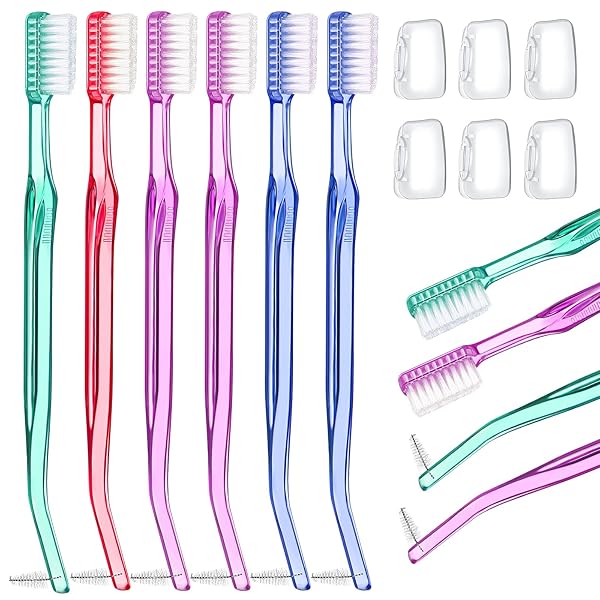 Patelai Orthodontic Toothbrush Set 6 Pieces with Head Protection Covers Double-Ended Interdental Brush for Braces Teeth Cleaning in 4 Colors