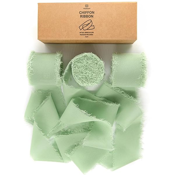 Vitalizart Vitalizart Sage Green Handmade Chiffon Silk Ribbon Fringe 3 Rolls 1.5 Inch x 21 Yards for Wedding Invitations Gifts and Crafts