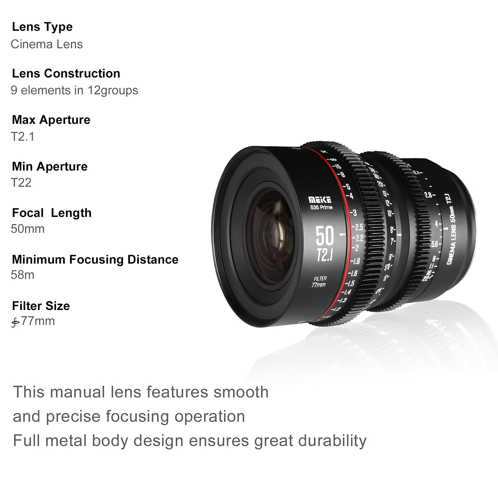 Meike Meike 50mm T2.1 S35 Cinema Lens for Canon EF & Zcam E2-S6 - Perfect for C100, C200, C300 Mark II/III - View 4 of 6