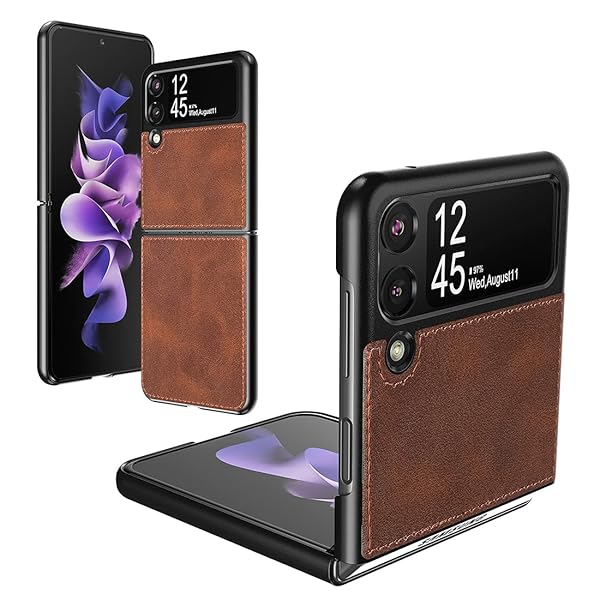 Foluu Foluu Galaxy Z Flip 3 5G Case - Ultra Thin Leather & Hard PC Shell, Durable Protection (Brown) - 2021 Model