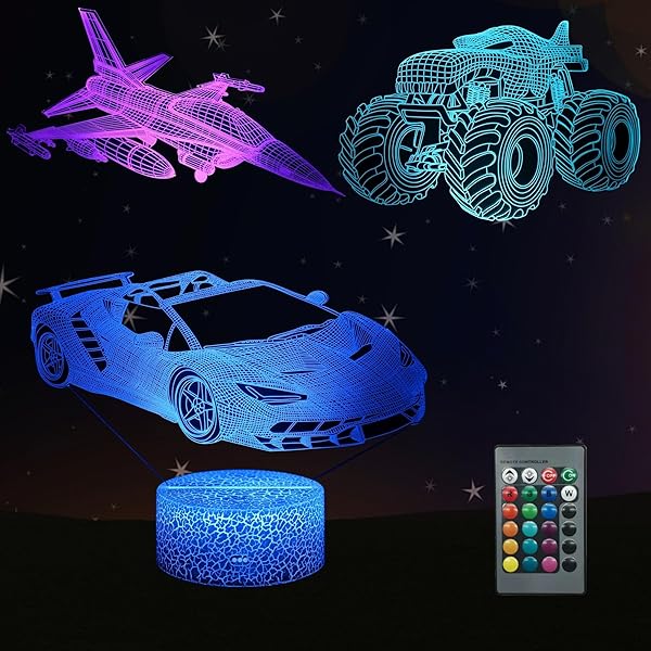 Kenmaca Kenmaca Car Monster Truck Plane Night Light 3D Illusion Lamp 16 Colors Dimmable Room Decor Touch Remote Control Gift for Boys - View 2 of 7