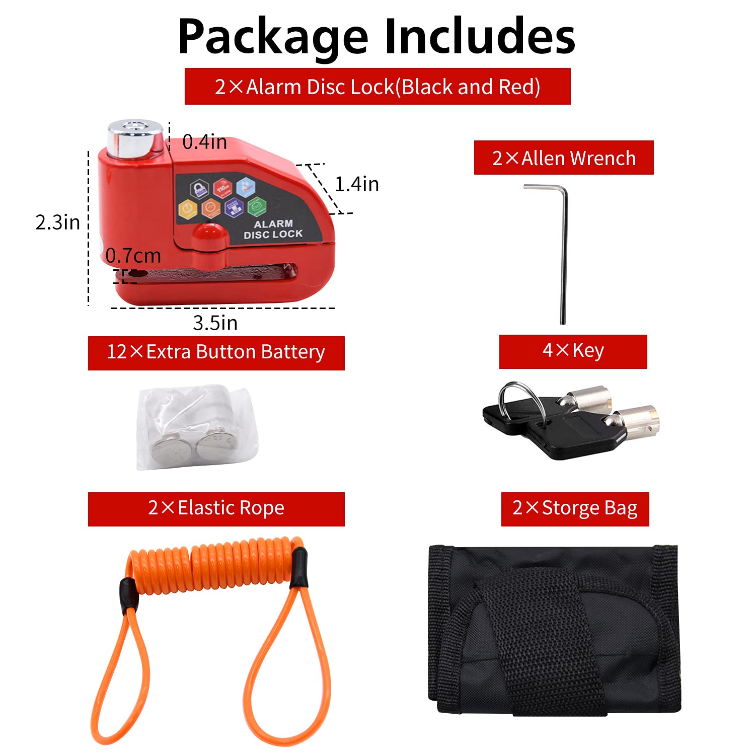 RUBY.Q Alarm Disc Lock Set 2pcs Brake Lock Anti-Theft Waterproof 110 dB 7mm Pin with 5ft Reminder Cable for Motorcycles Bike Scooter Black Red - View 2 of 7