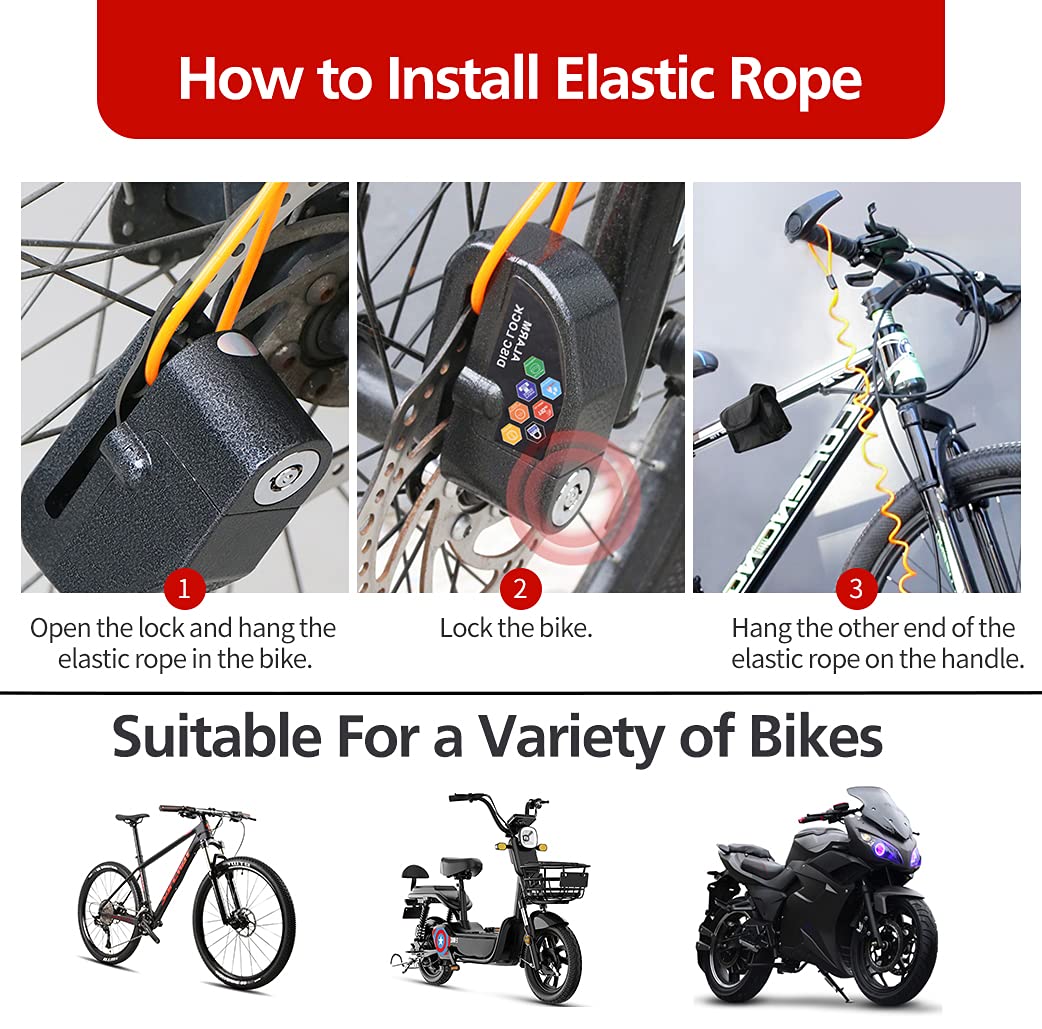 RUBY.Q Alarm Disc Lock Set 2pcs Brake Lock Anti-Theft Waterproof 110 dB 7mm Pin with 5ft Reminder Cable for Motorcycles Bike Scooter Black Red - View 5 of 7