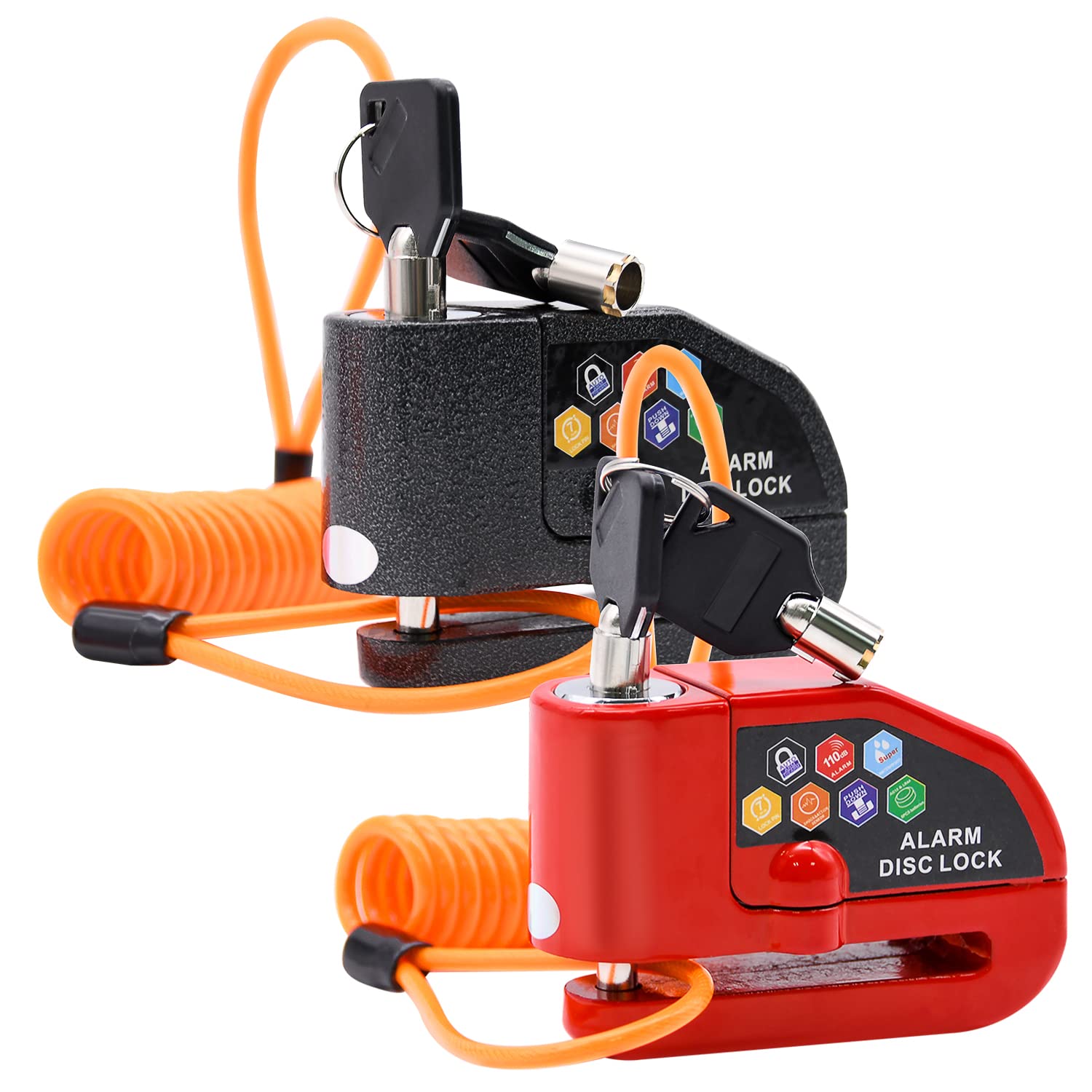 RUBY.Q Alarm Disc Lock Set 2pcs Brake Lock Anti-Theft Waterproof 110 dB 7mm Pin with 5ft Reminder Cable for Motorcycles Bike Scooter Black Red