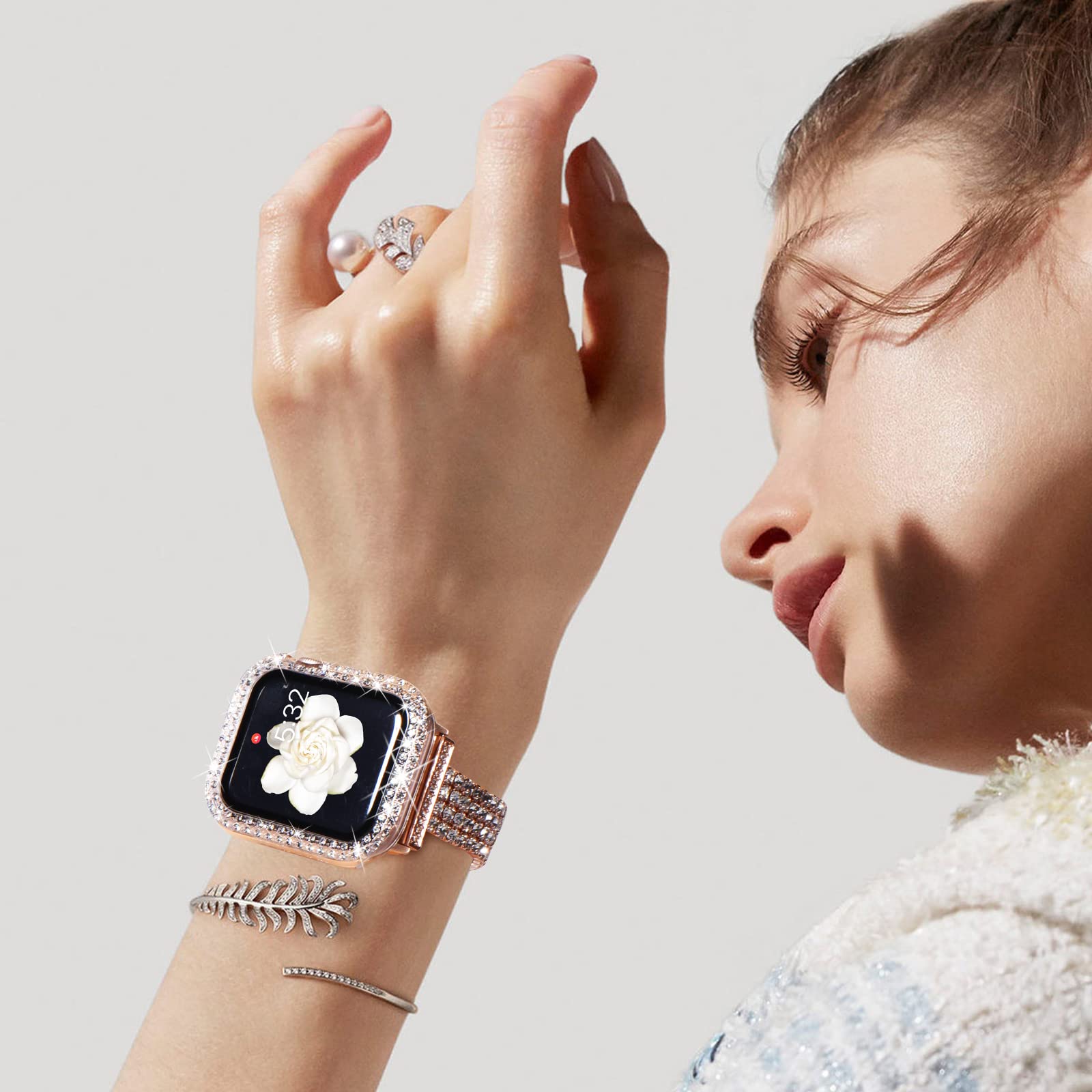 NewWays NewWays 2-Pack Apple Watch Bling Cases Screen Protector 40mm Series 4 5 6 SE Crystal Diamonds Rhinestone Bumper Rose Gold Clear - View 6 of 8