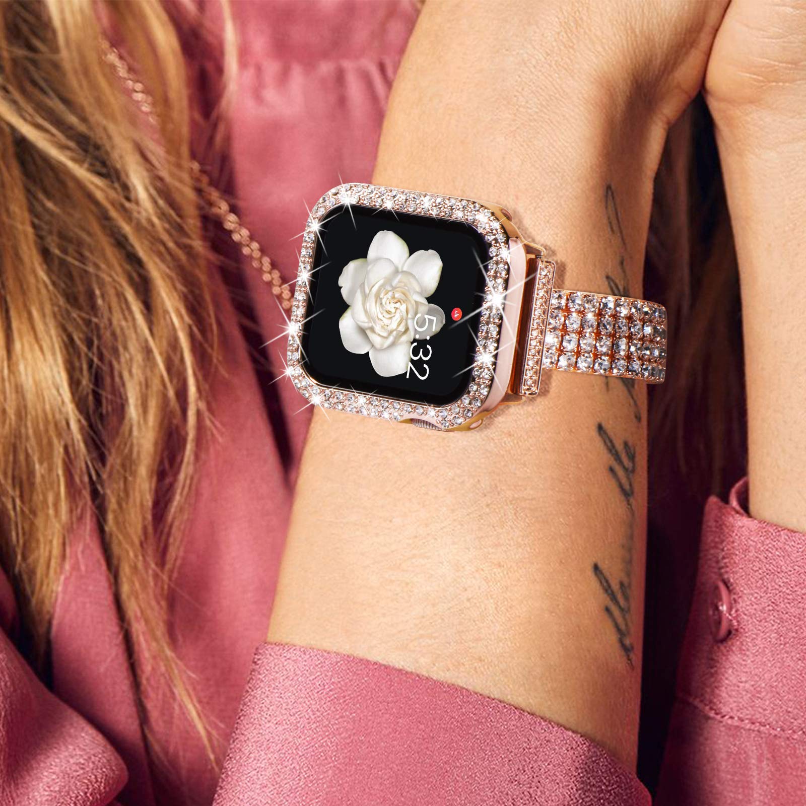 NewWays NewWays 2-Pack Apple Watch Bling Cases Screen Protector 40mm Series 4 5 6 SE Crystal Diamonds Rhinestone Bumper Rose Gold Clear - View 7 of 8