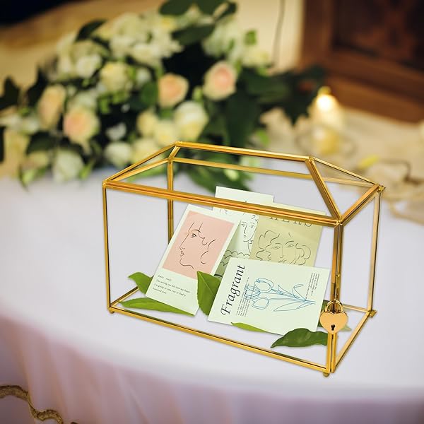 YIMORENCE V YIMORENCE V Gold Wedding Glass Card Box Large Handmade Terrarium with Slot and Heart Lock for Elegant Wedding Decor - View 3 of 10