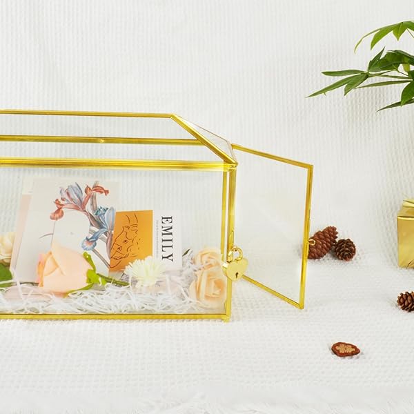 YIMORENCE V YIMORENCE V Gold Wedding Glass Card Box Large Handmade Terrarium with Slot and Heart Lock for Elegant Wedding Decor - View 4 of 10