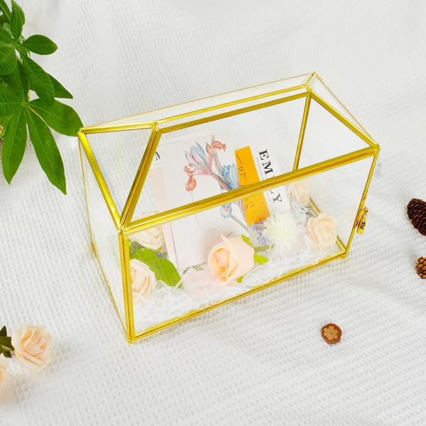 YIMORENCE V YIMORENCE V Gold Wedding Glass Card Box Large Handmade Terrarium with Slot and Heart Lock for Elegant Wedding Decor - View 6 of 10
