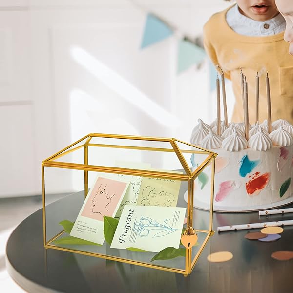 YIMORENCE V YIMORENCE V Gold Wedding Glass Card Box Large Handmade Terrarium with Slot and Heart Lock for Elegant Wedding Decor - View 9 of 10