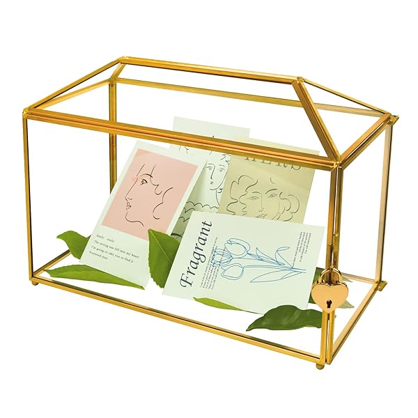 YIMORENCE V YIMORENCE V Gold Wedding Glass Card Box Large Handmade Terrarium with Slot and Heart Lock for Elegant Wedding Decor