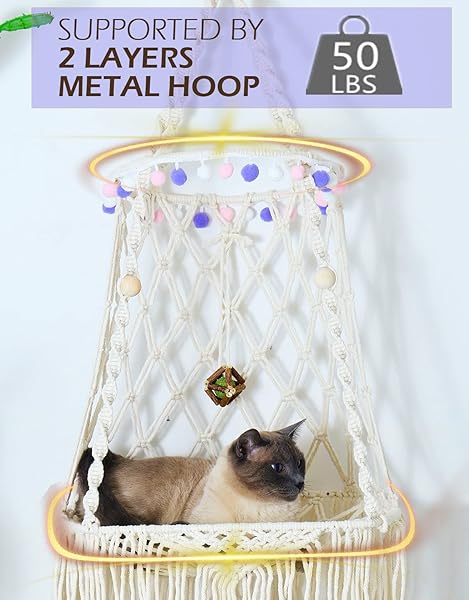 KARCEEY KARCEEY Macrame Cat Hammock Hanging Bed Window Perch with Catnip Mat for Indoor and Outdoor Use - View 3 of 7