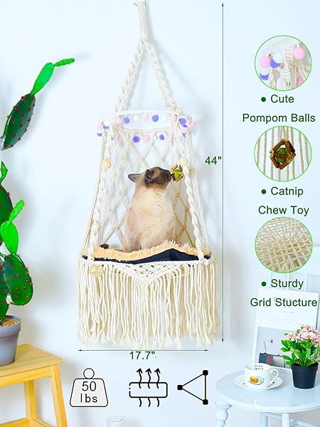KARCEEY KARCEEY Macrame Cat Hammock Hanging Bed Window Perch with Catnip Mat for Indoor and Outdoor Use - View 5 of 7