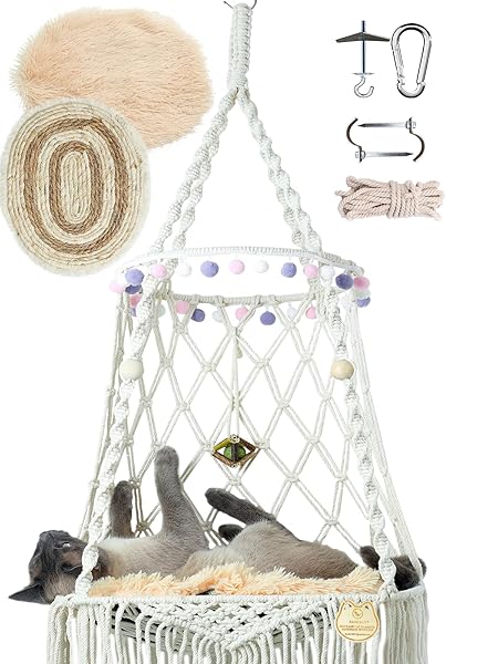 KARCEEY KARCEEY Macrame Cat Hammock Hanging Bed Window Perch with Catnip Mat for Indoor and Outdoor Use - View 6 of 7