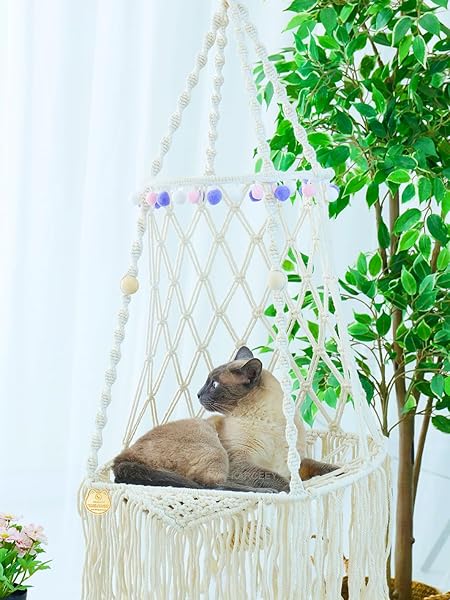 KARCEEY KARCEEY Macrame Cat Hammock Hanging Bed Window Perch with Catnip Mat for Indoor and Outdoor Use