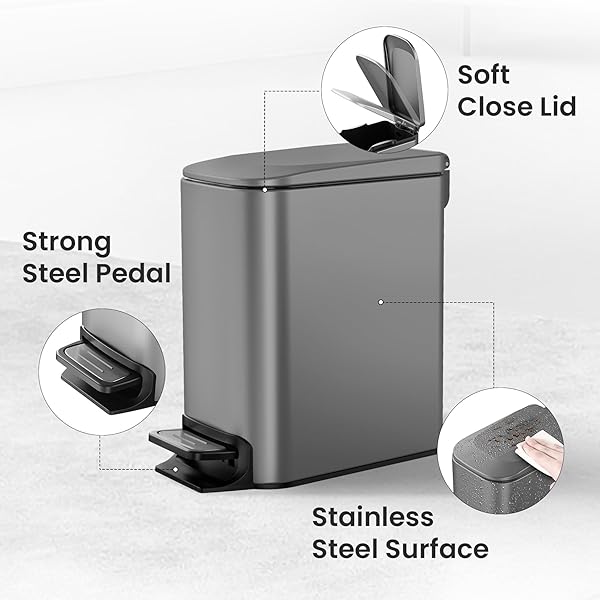 Cesun Cesun Small Bathroom Trash Can with Lid Soft Close Step Pedal 6 Liter Stainless Steel Garbage Can Removable Inner Bucket Anti-Fingerprint Gray - View 5 of 9
