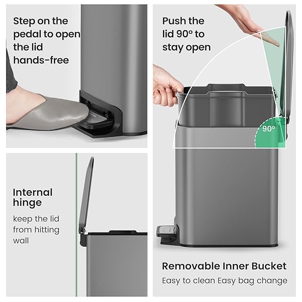 Cesun Cesun Small Bathroom Trash Can with Lid Soft Close Step Pedal 6 Liter Stainless Steel Garbage Can Removable Inner Bucket Anti-Fingerprint Gray - View 6 of 9