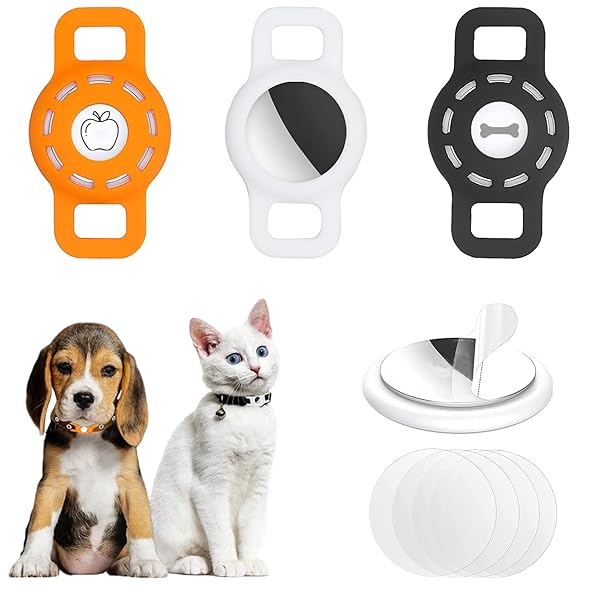 Fretime 3-Pack Silicone AirTag Cat Collar Holders - Anti-Lost Cases for Dogs & Cats in Black, Orange & White
