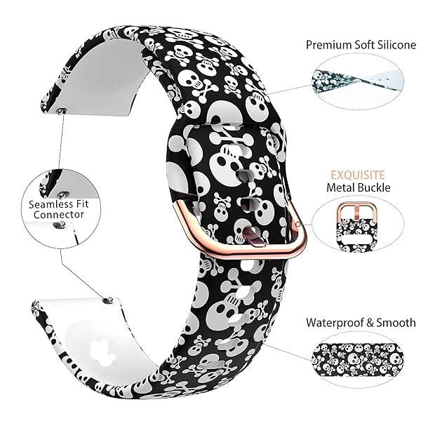 TOOLAIK TOOLAIK 20mm Floral Watch Band for Samsung Active 2 & Galaxy Watch 3 - Stylish Black Skull Silicone Strap for Women - View 5 of 8