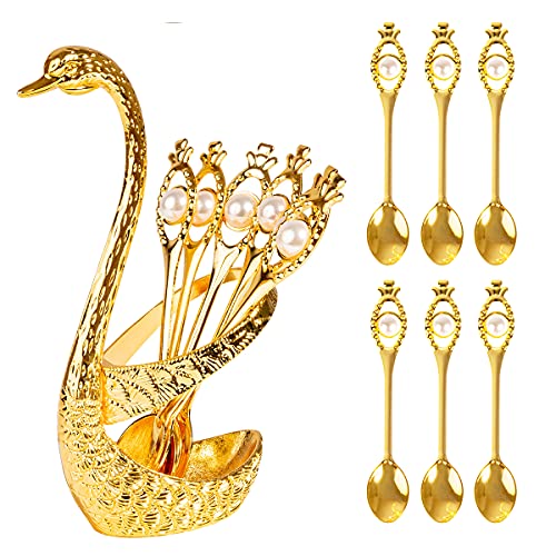 Flylin Elegant Coffee Spoon Set with Metal Swan Holder - 6 Gold Teaspoons for Desserts & Ice Cream