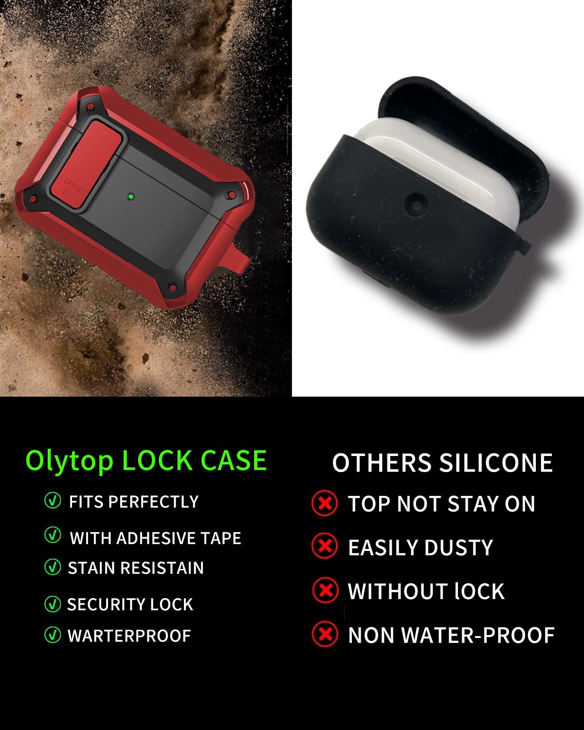 Olytop Olytop Rugged Locking Case Cover for Airpods Pro 2nd 1st Generation Shockproof Armor Protective Skin Red Black - View 3 of 7