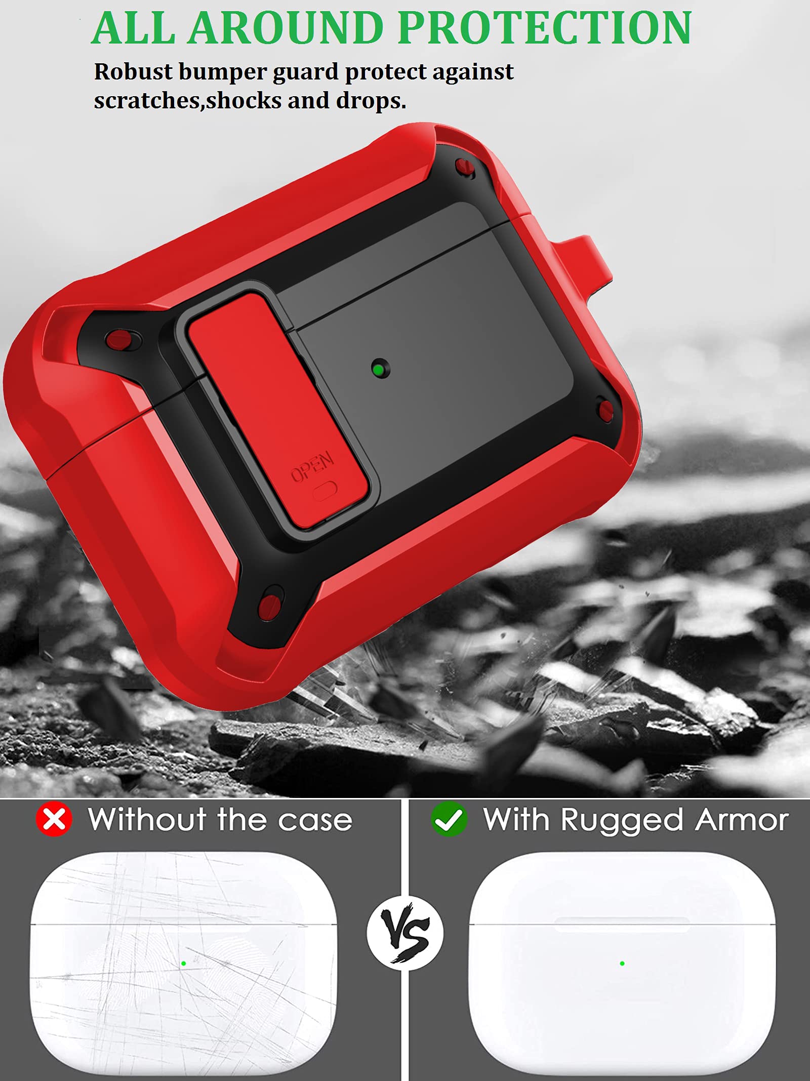 Olytop Olytop Rugged Locking Case Cover for Airpods Pro 2nd 1st Generation Shockproof Armor Protective Skin Red Black - View 5 of 7