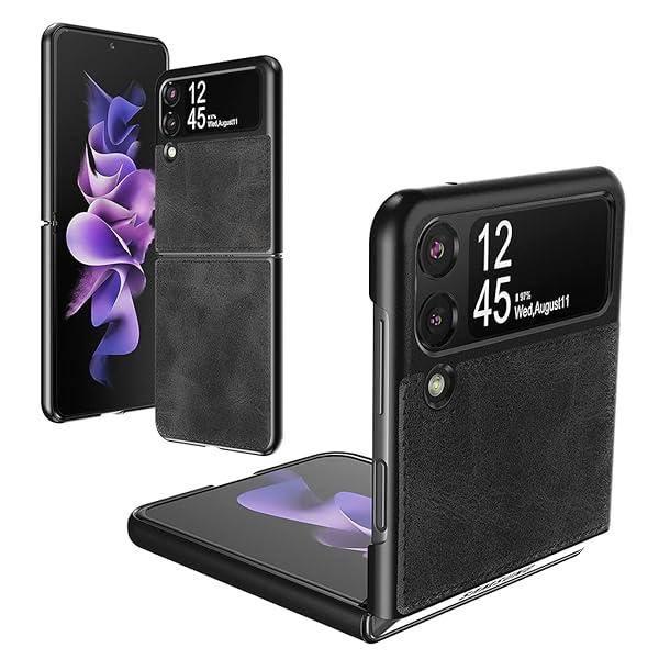 Foluu Foluu Galaxy Z Flip 3 5G Case: Ultra Thin Leather & Hard PC Shell, Durable Protection (Black)
