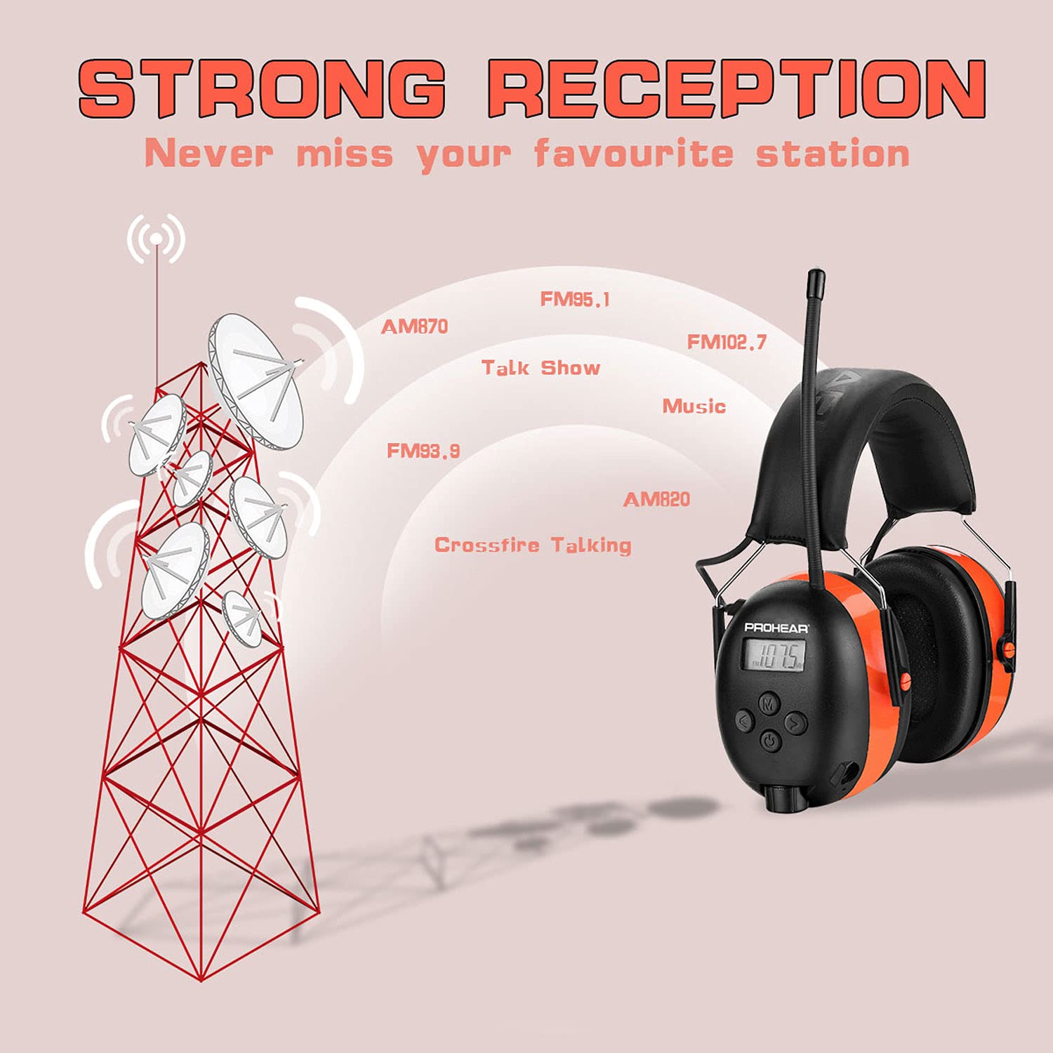 PROHEAR PROHEAR 027 AM FM Radio Headphones with Digital Display and 25dB NRR for Safety Ear Protection in Mowing Construction and Workshops Orange - View 2 of 6