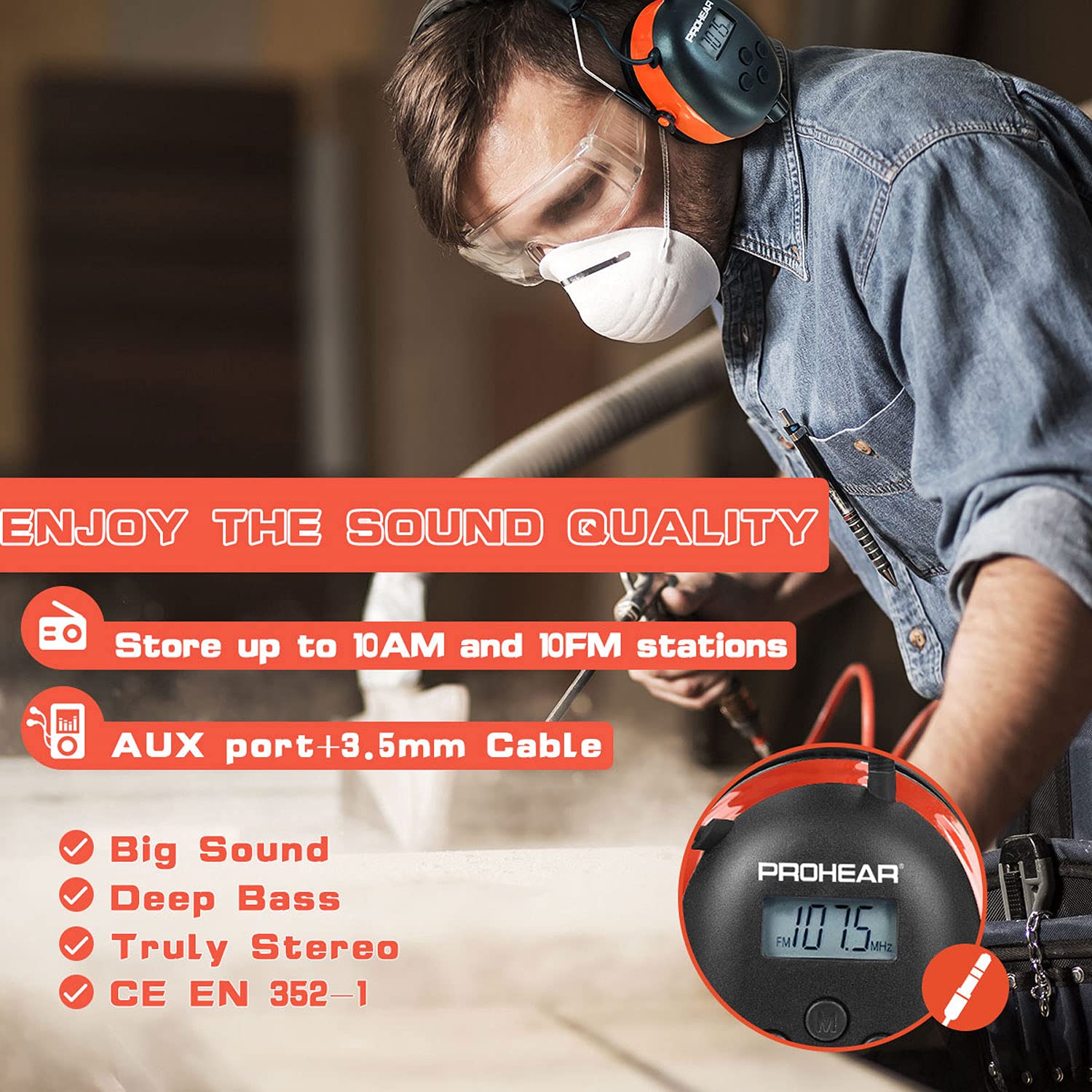 PROHEAR PROHEAR 027 AM FM Radio Headphones with Digital Display and 25dB NRR for Safety Ear Protection in Mowing Construction and Workshops Orange - View 3 of 6