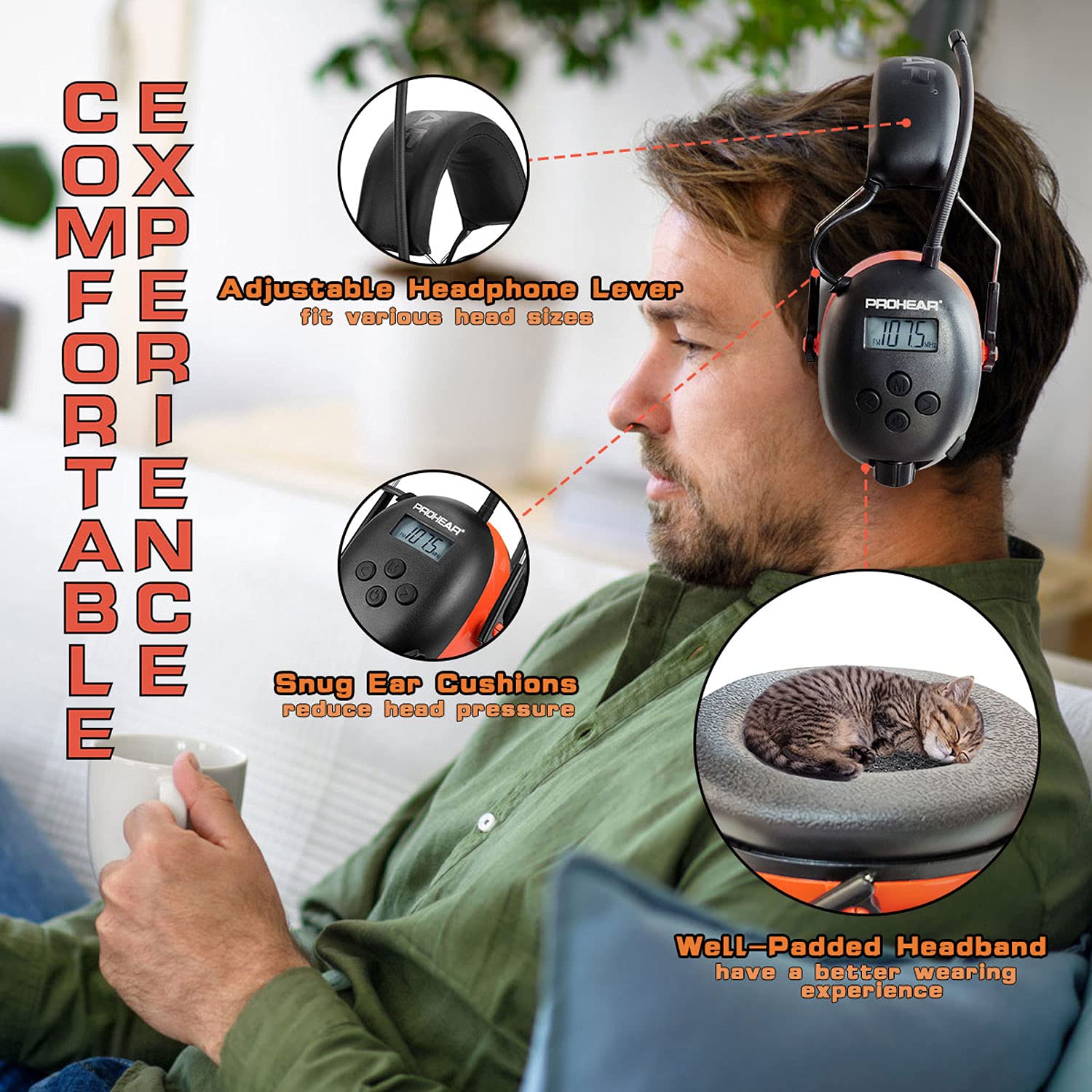 PROHEAR PROHEAR 027 AM FM Radio Headphones with Digital Display and 25dB NRR for Safety Ear Protection in Mowing Construction and Workshops Orange - View 5 of 6