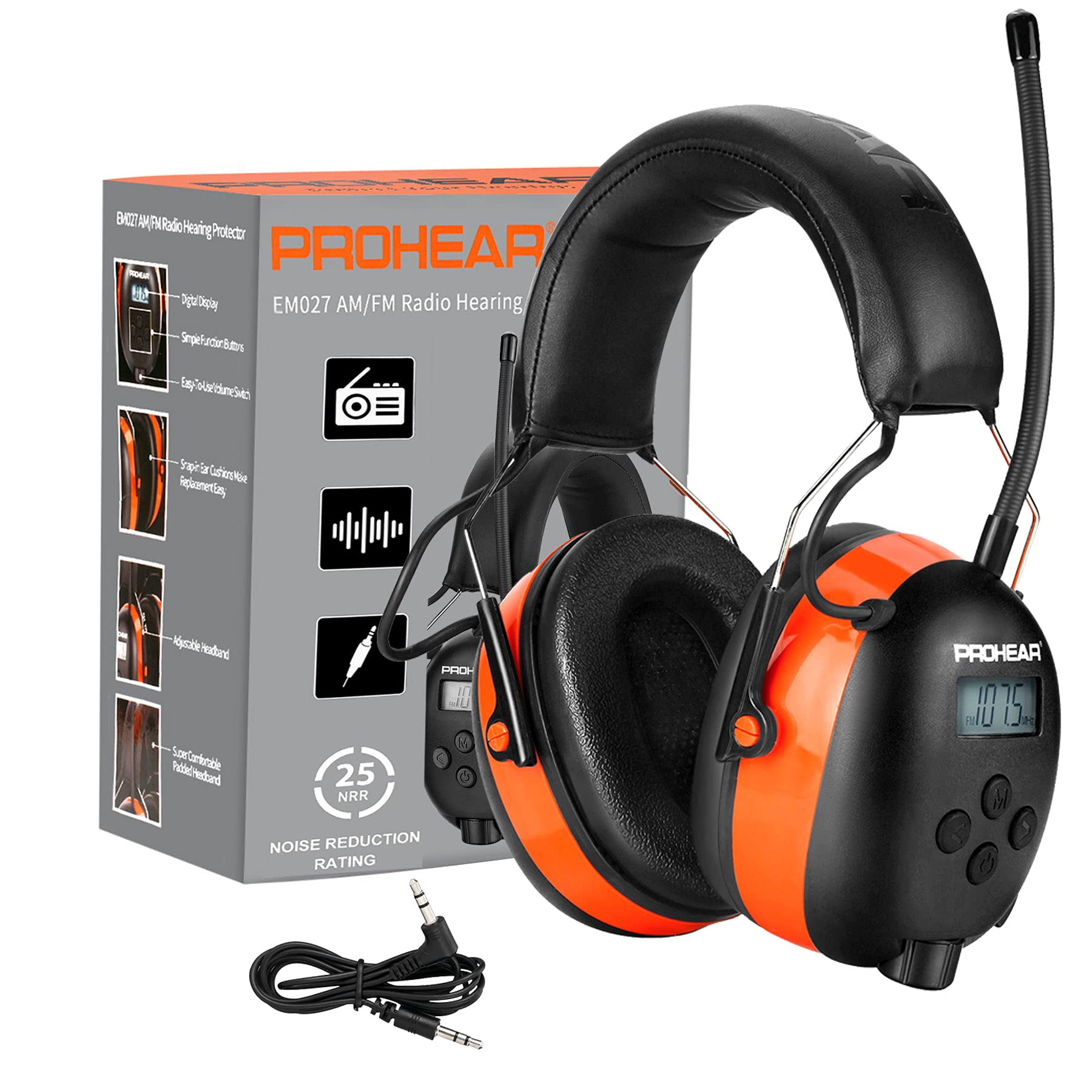 PROHEAR PROHEAR 027 AM FM Radio Headphones with Digital Display and 25dB NRR for Safety Ear Protection in Mowing Construction and Workshops Orange