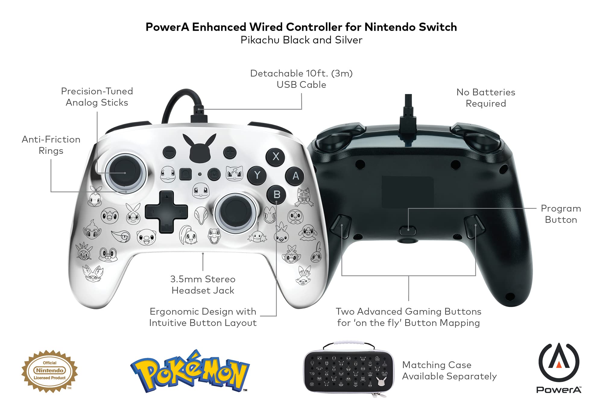 PowerA PowerA Enhanced Wired Controller for Nintendo Switch Pikachu Black and Silver High Performance Gaming Accessory - View 3 of 9