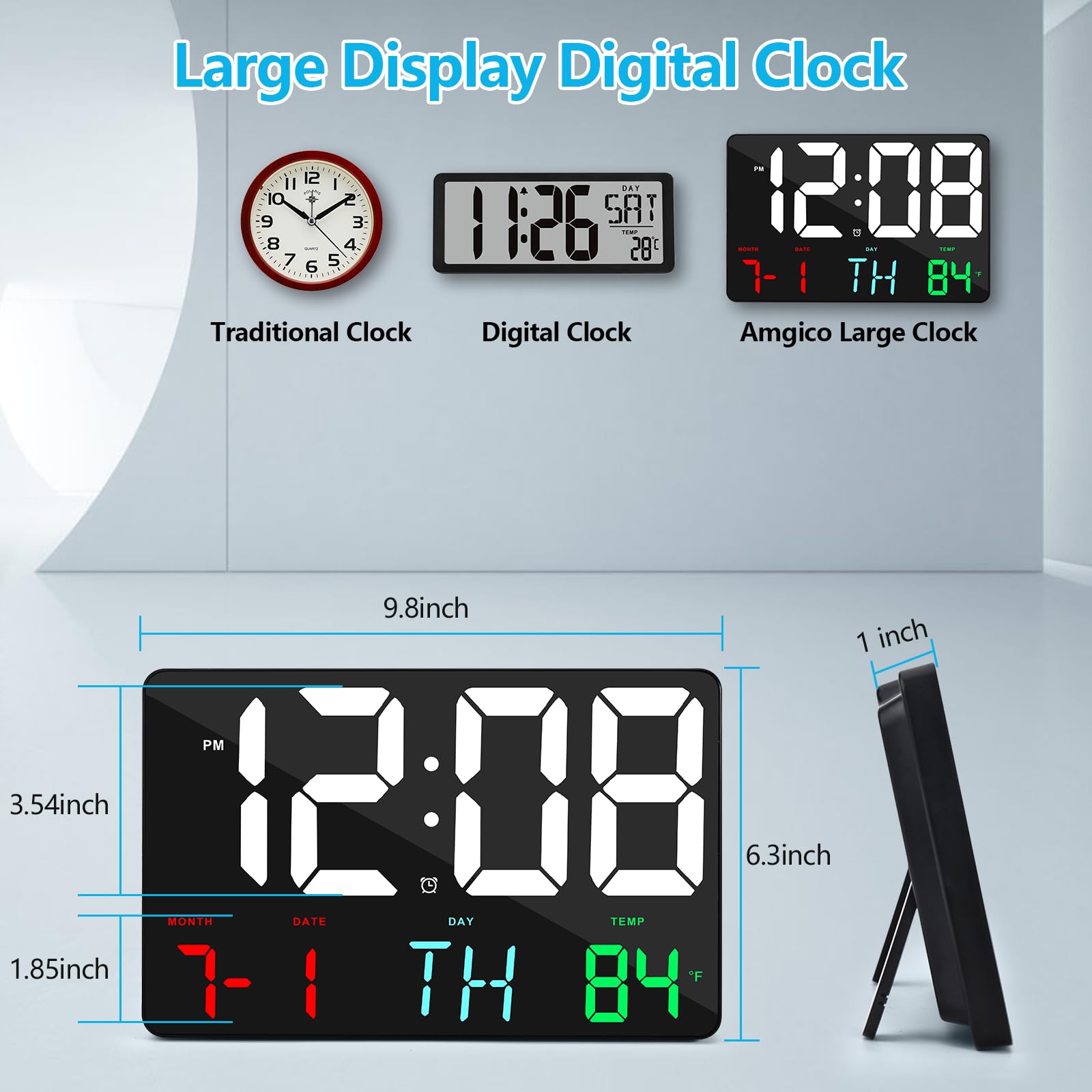 Amgico Digital Alarm Clock with Snooze and Temperature 11.5 Inch Large Display for Bedroom Office Home Classroom Kids and Elderly - View 4 of 8
