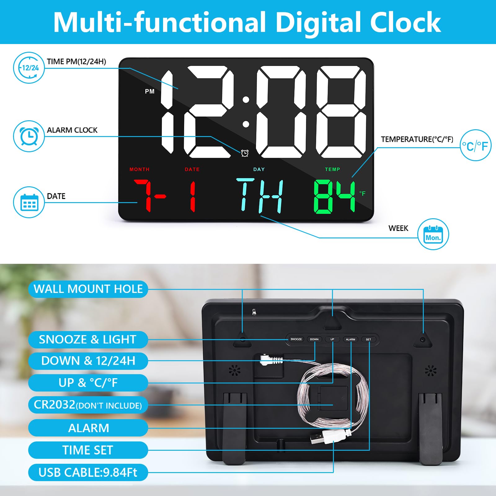 Amgico Digital Alarm Clock with Snooze and Temperature 11.5 Inch Large Display for Bedroom Office Home Classroom Kids and Elderly - View 6 of 8