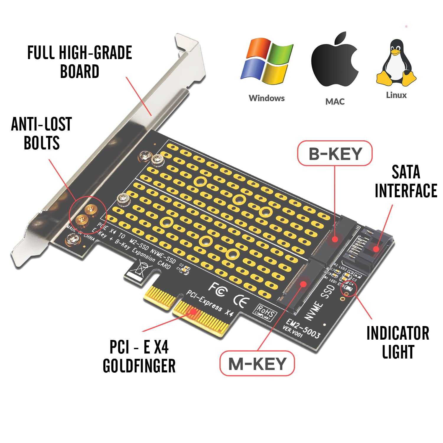 greenDracaena Dracaena M.2 SSD to PCIe 3.0 X4 Adapter Card for NVMe SATA NGFF SSD 2230 2242 2260 2280 Expansion - View 4 of 9