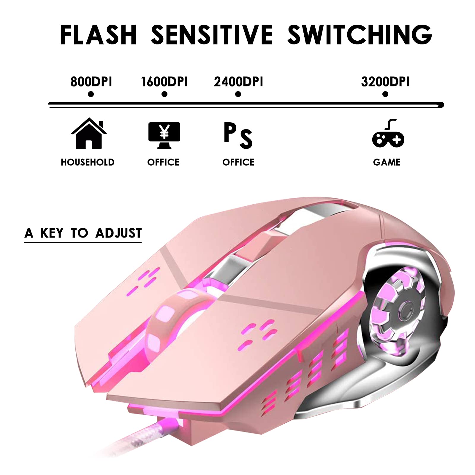 Basaltech Basaltech Wired Gaming Mouse with 6 Buttons Ergonomic Design RGB Backlit 4 Levels DPI for Desktop Laptop Mac PC Professional Gamers - View 3 of 7