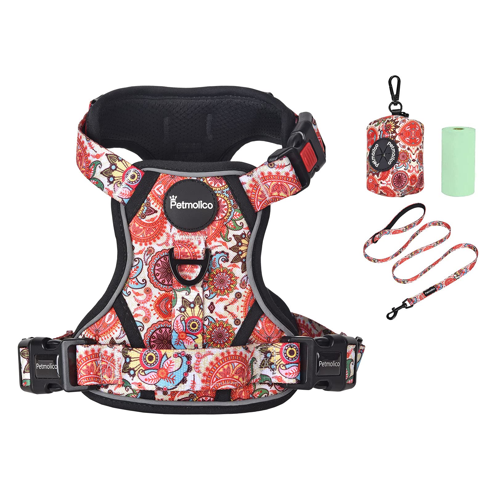 Petmolico No Pull Dog Harness Set with Leash Easy Control Handle Reflective Vest for Small Breeds and Puppies Boho Floral Design